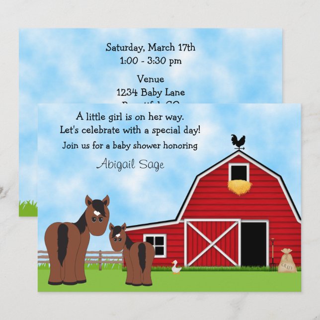 Invitation Joli cheval Brown et Baby shower de la Grange Roug (Devant / Derrière)