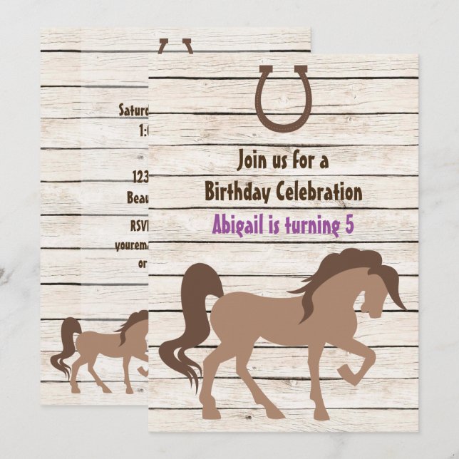 Invitation Joli Cheval Brown et l'Anniversaire de la fille de (Devant / Derrière)
