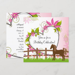 Invitation Joli Cheval Brown, Fleurs et Coeur Anniversaire