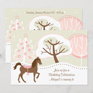 Invitation Joli Cheval Brown Neige hiver fête d'anniversaire