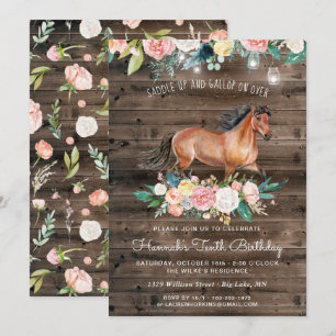 Invitation Joli cheval et fleurs sur le bois rustique Anniver