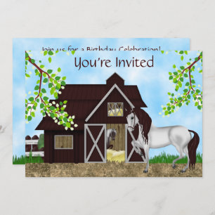 Invitation Joli cheval, grange et arbres fête d'anniversaire