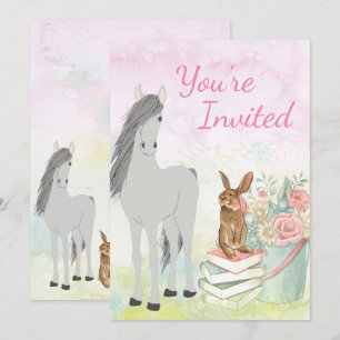 Invitation Joli Cheval, lapin, Fleurs et Livres Anniversaire