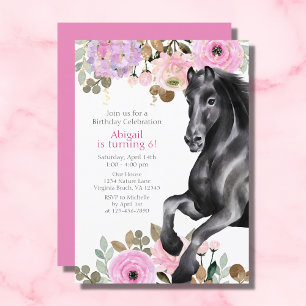 Invitation Joli Cheval Noir avec Fleurs Roses Anniversaire