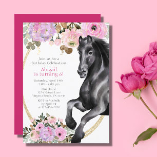 Invitation Joli Cheval Noir avec Fleurs Roses Anniversaire