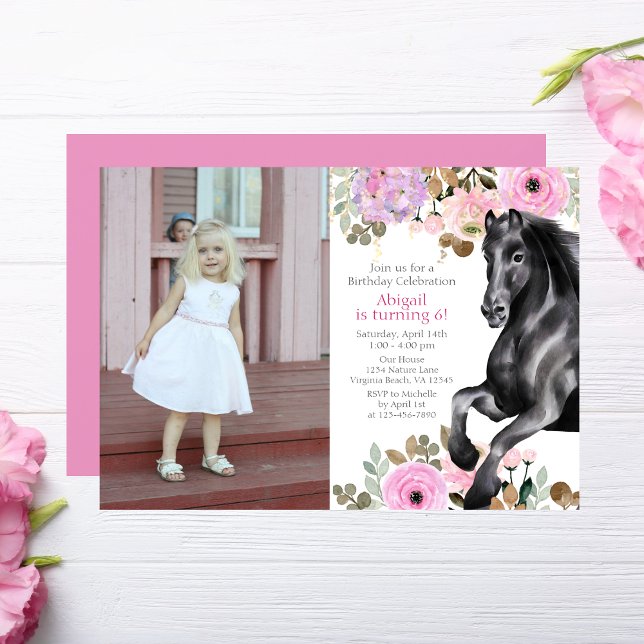 Invitation Joli Cheval noir et Fleurs roses Photo Anniversair (Créateur téléchargé)