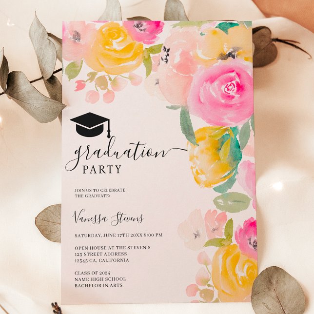 Invitation Joli chic jardin fleuri aquarelle graduation (Pretty chic garden floral watercolor graduation invitation)