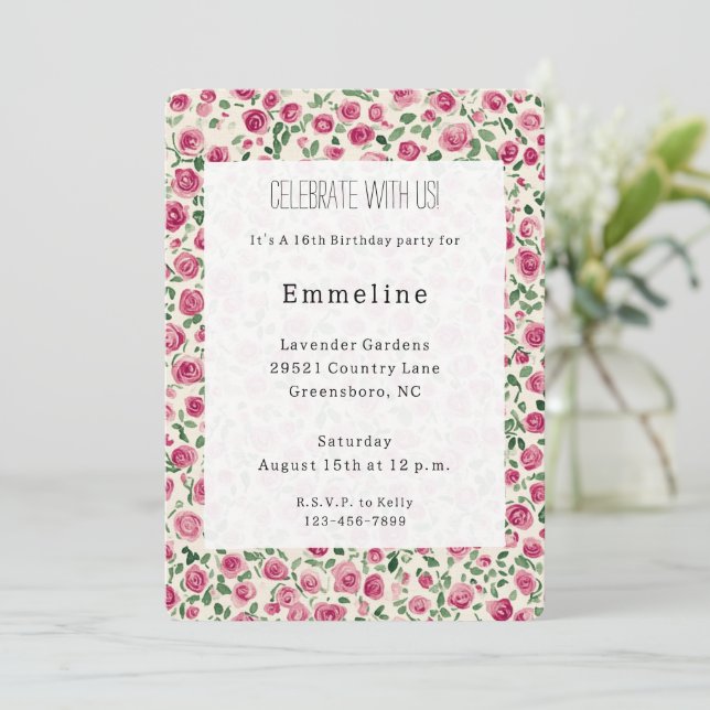 Invitation Joli Chic Rose Roses Floral Anniversaire (Debout devant)