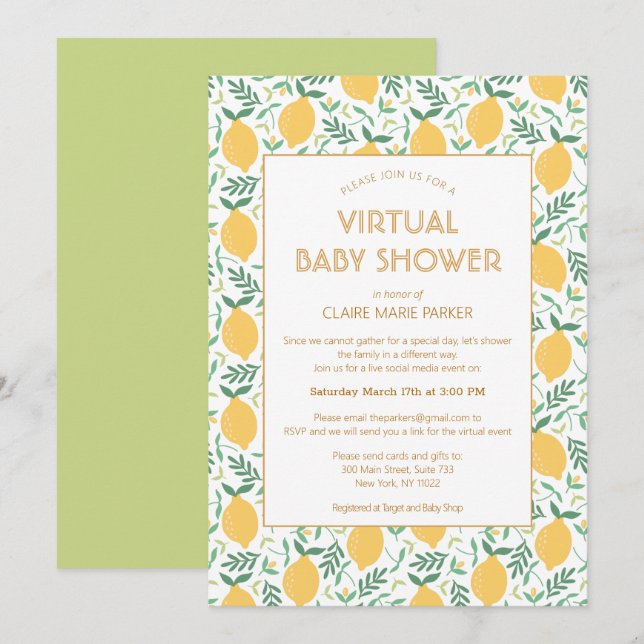 Invitation Joli Citron Citrus Foliage Baby shower virtuel (Devant / Derrière)