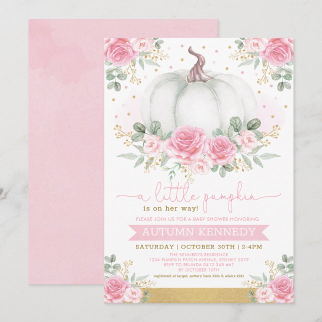 Invitation Joli Citrouille Aquarelle rose Baby shower Floral (Devant / Derrière)