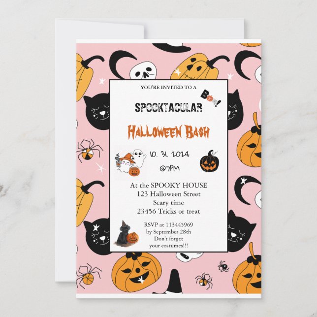 Invitation Joli citrouille Boo Halloween bash rose (Devant)