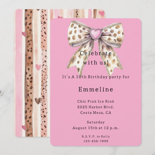Invitation Joli Coeur rose Leopard Girly Bow Anniversaire (Devant / Derrière)