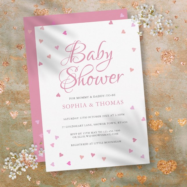 Invitation Joli Coeurs d'Amour Rose Couples Baby shower (Pretty Pink Love Hearts Couples Baby Shower Invitation)