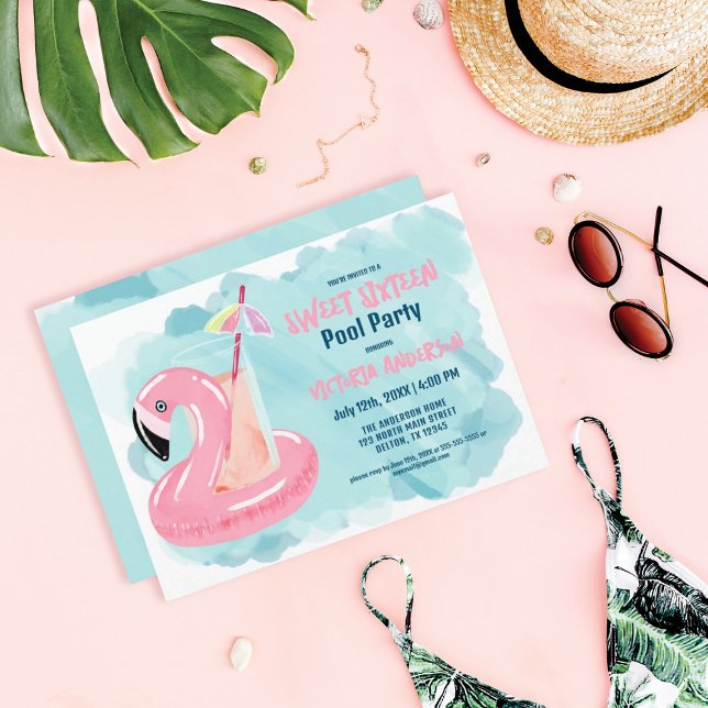 Invitation Joli Cool Tropical Flamant rose Pool Party Sweet 1 (Créateur téléchargé)