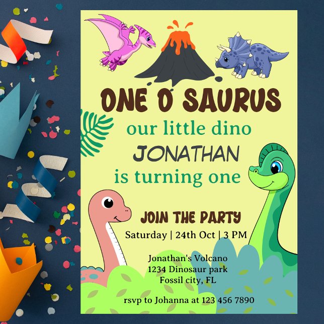 Invitation Joli Couleur One O Saurus 1er Dinosaure Anniversai (Créateur téléchargé)