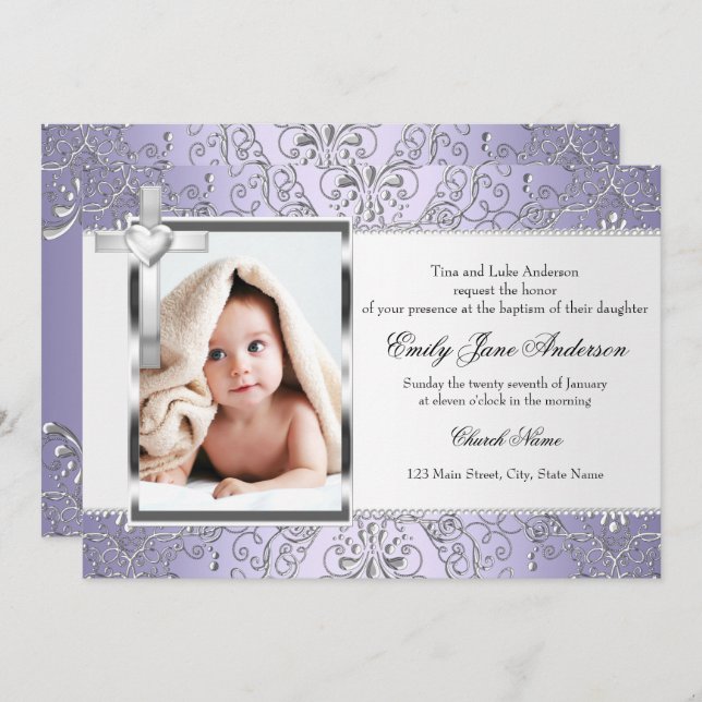 Invitation Joli Damask & Cross Purple Photo Baptism Invitatio (Devant / Derrière)