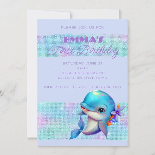 Invitation Joli dauphin Iridescente 1er anniversaire (Devant)