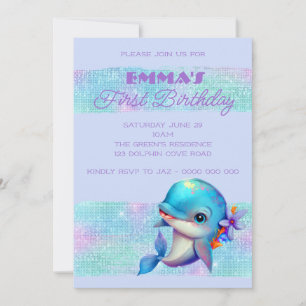 Invitation Joli dauphin Iridescente 1er anniversaire