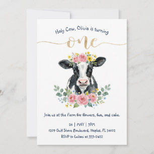Invitation Joli design de vache florale pour le premier anniv