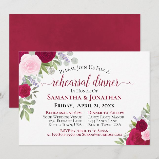 Invitation Joli Dîner de répétition Mariage de roses rose Mag (Devant / Derrière)