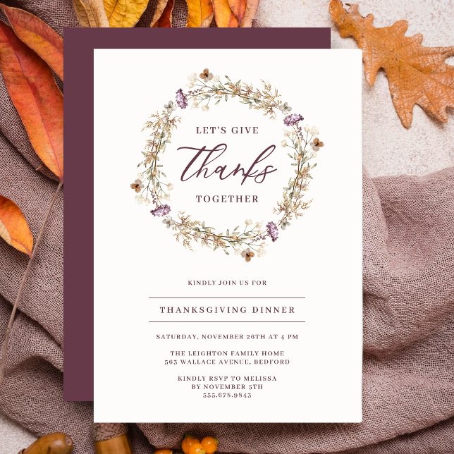 Invitation Joli dîner de Thanksgiving de Wreath Fleur sauvage (Créateur téléchargé)