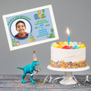 Invitation Joli Dinosaure Bleu avec Image Anniversaire