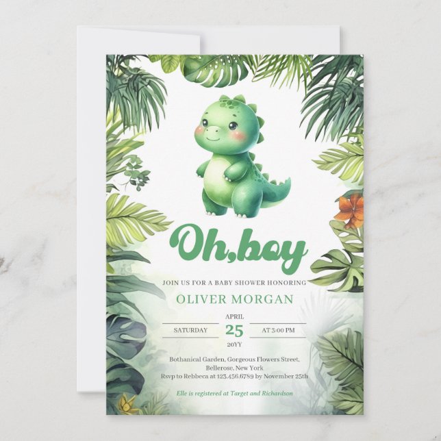 Invitation Joli dinosaure Oh garçon baby shower de verdure tr (Devant)