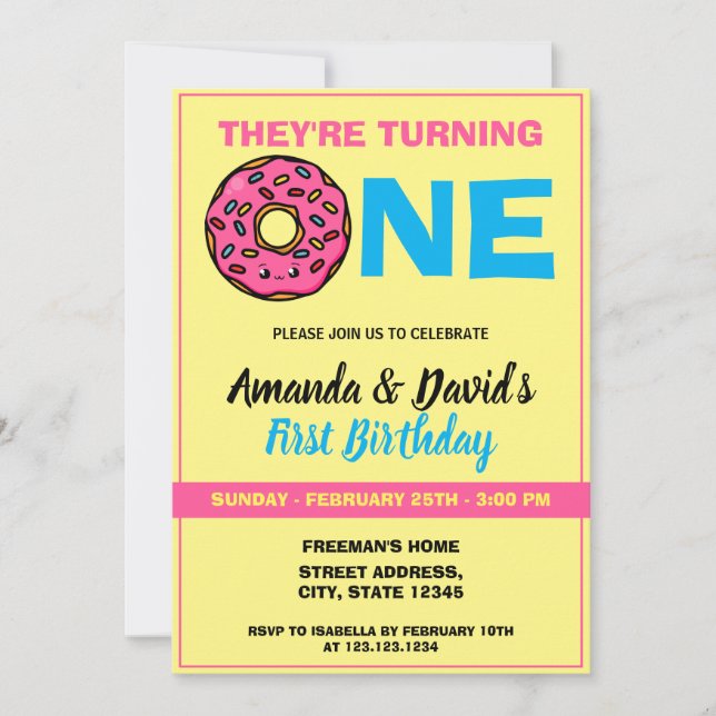 Invitation Joli Donut Kawaii Jaune Joint Twin 1er Anniversair (Devant)