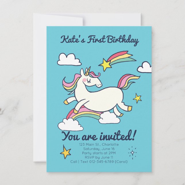 Invitation Joli Doodle Anniversaire Rainbow Unicorn et étoile (Devant)