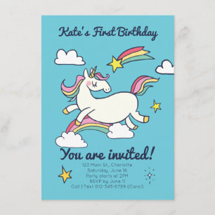 Invitation Joli Doodle Anniversaire Rainbow Unicorn et étoile