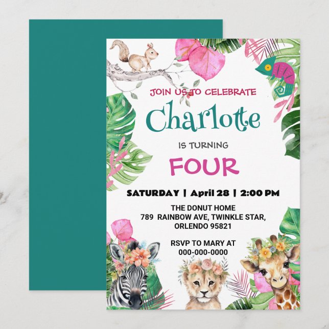 Invitation Joli dragon Zoo jungle Animaux Anniversaire Floral (Devant / Derrière)