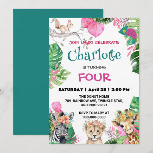 Invitation Joli dragon Zoo jungle Animaux Anniversaire Floral