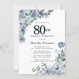 Invitation Joli Dusty Blue Floral 80e anniversaire