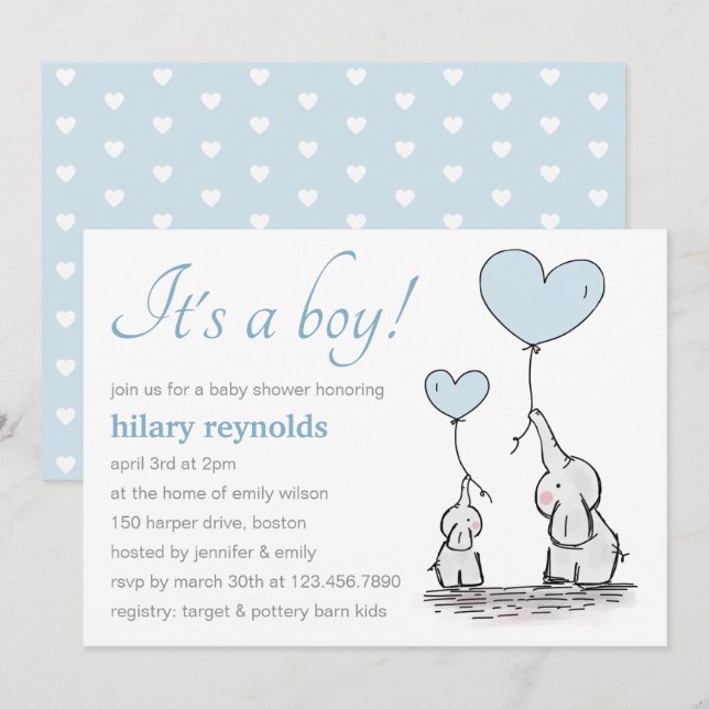 Invitation Joli Eléphant Bleu Coeur Ballons Baby shower garço (Devant / Derrière)
