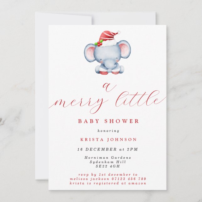 Invitation Joli éléphant de Noël Joyeux petit Baby shower (Devant)