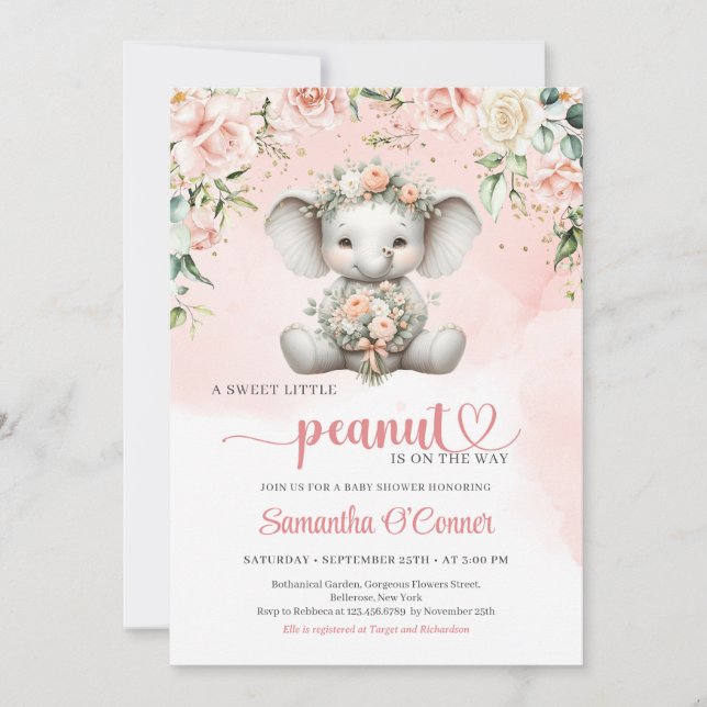 Invitation Joli éléphant fille avec bouquet de fleurs rousses (Devant)