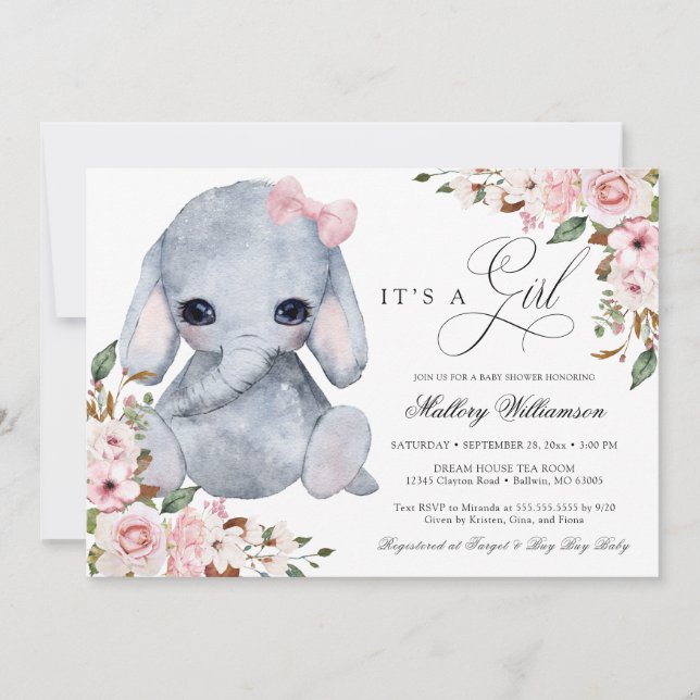 Invitation Joli Elephant Rose Rose fille Baby shower Invitati (Devant)
