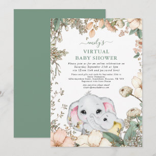 Invitation Joli Eléphants Foliage Sage Baby shower virtuel