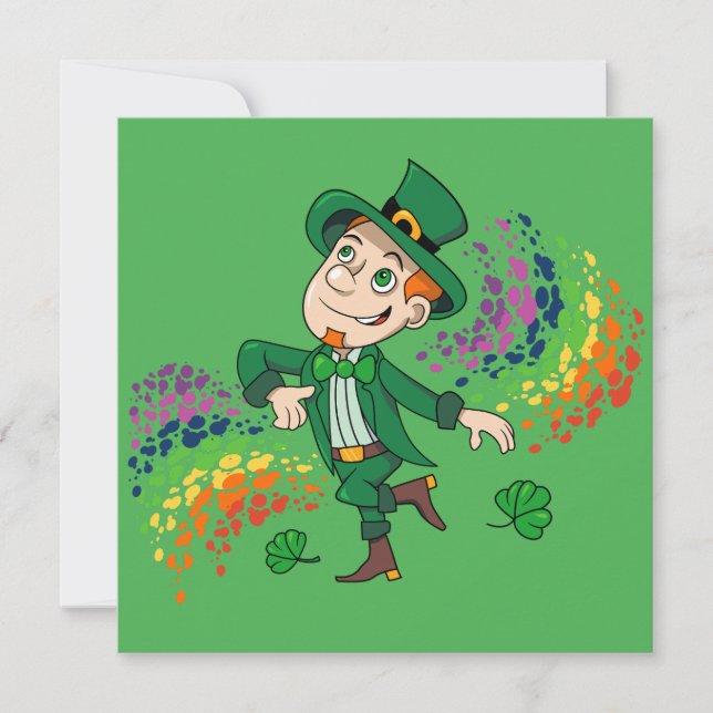 Invitation Joli et souriant dancing leprechaun, un arc-en-cie (Devant)