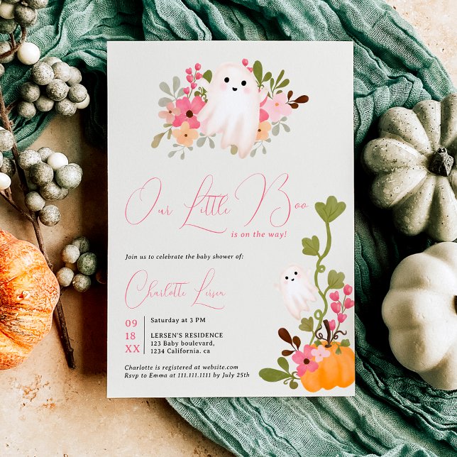 Invitation Joli fantôme floral citrouille petit baby shower d (Cute floral ghost pumpkin little boo baby shower invitation)