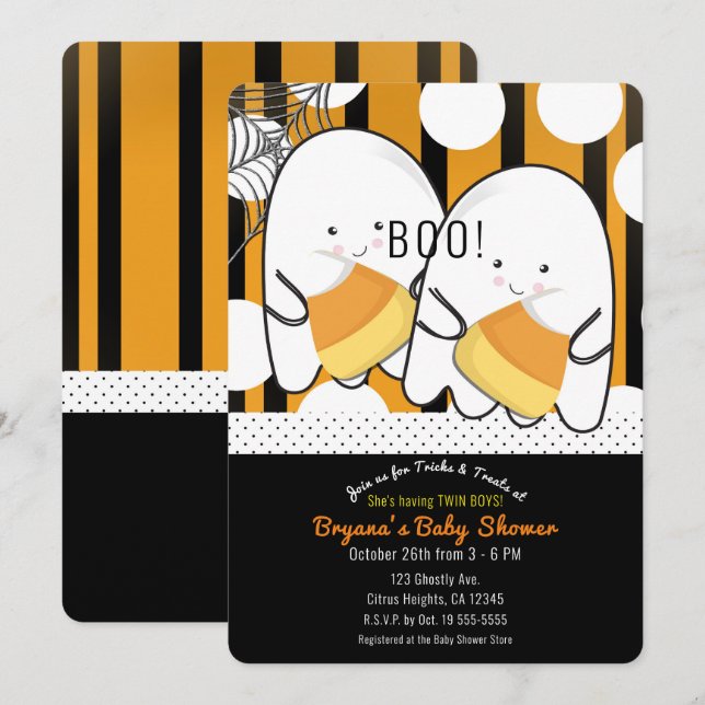 Invitation Joli Fantôme Mignons Jumeaux Garçons Halloween Bab (Devant / Derrière)