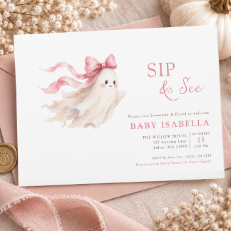 Invitation Joli Fantôme Ruban Rose Bébé Fille Sip Et Voir