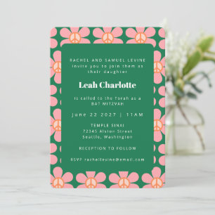 Invitation Joli Fleur Retro Paix Rose Vert Bat mitzvah