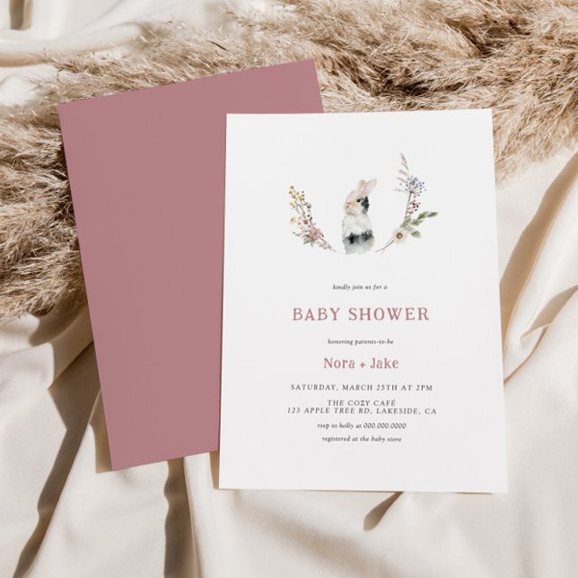 Invitation Joli Fleur sauvage Bunny Dusty Rose Baby shower (Créateur téléchargé)