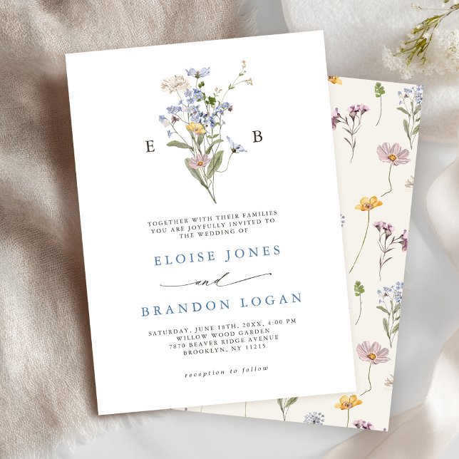 Invitation Joli Fleur sauvage de printemps Meadow Garden Mari (Pretty Spring Wildflower Meadow monogram  Garden Wedding Invitation)