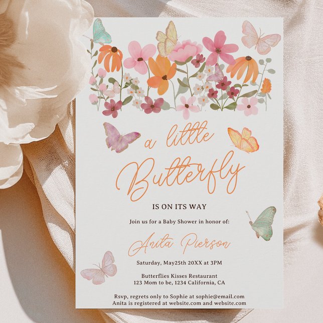 Invitation Joli fleur sauvage petit baby shower papillon (Cute boho wildflowers little butterfly baby shower invitation)