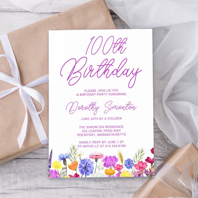 Invitation Joli Fleur sauvage pourpre Adulte 100e Anniversair (Créateur téléchargé)