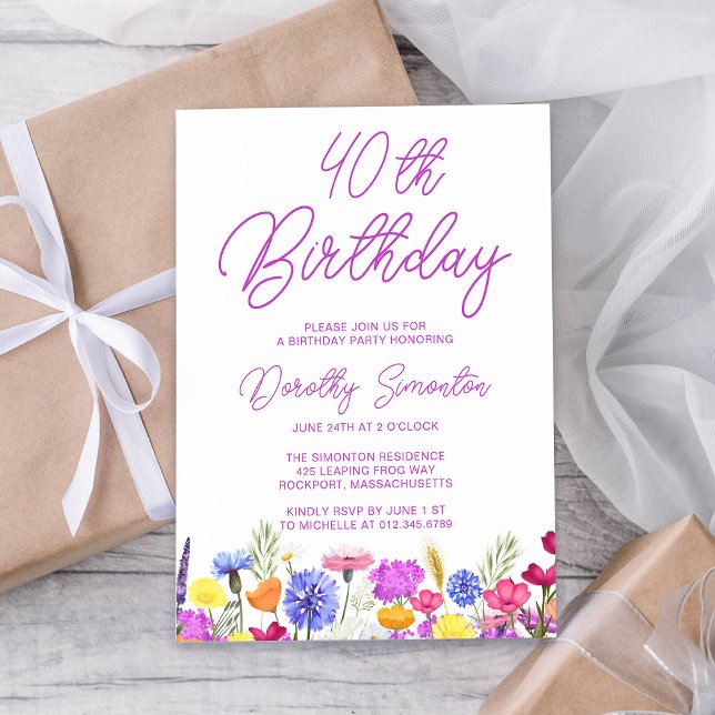 Invitation Joli Fleur sauvage pourpre Adulte 40e Anniversaire (Créateur téléchargé)