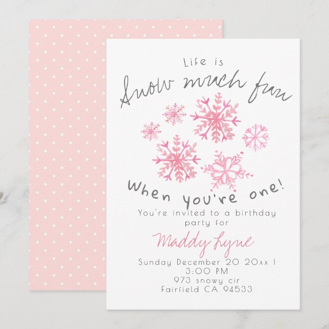 Invitation Joli flocon rose d'hiver 1er anniversaire invitati (Devant / Derrière)