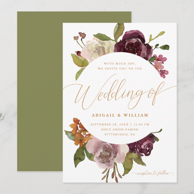 Invitation Joli floral avec Calligraphie Mariage vert (Devant / Derrière)